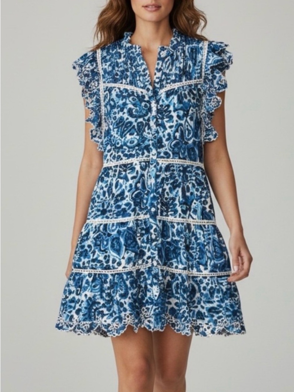 House of Harlow 1960 Blue Printed Ruffle Tiered Mini Dress